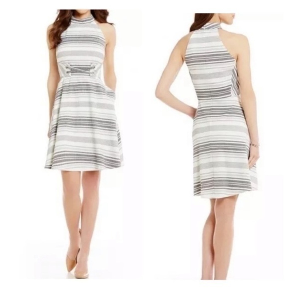 Antonio Melani white black stripe halter flare dress 0 V23